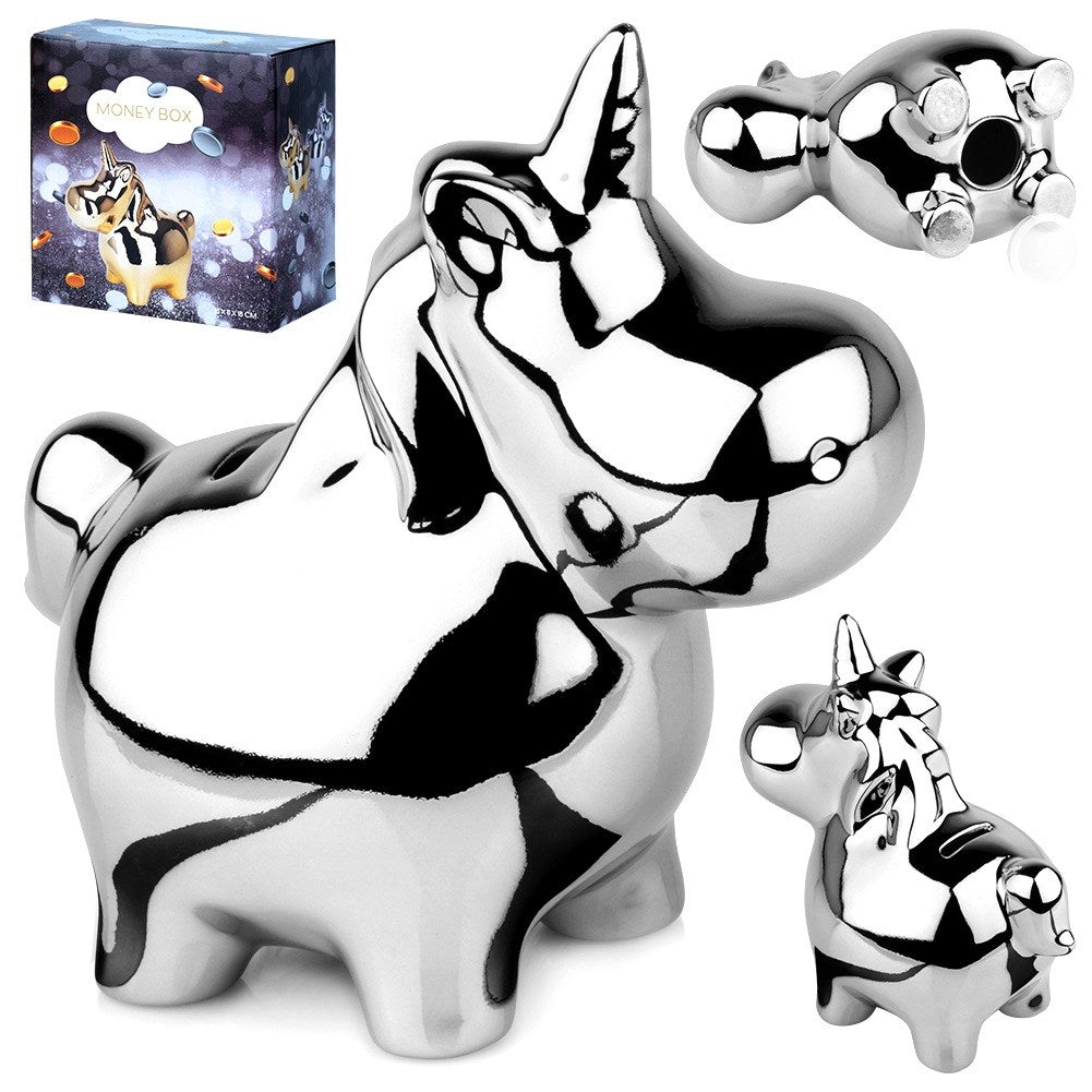 Ceramic piggy bank, silver, mirror, 18x10.5 cm