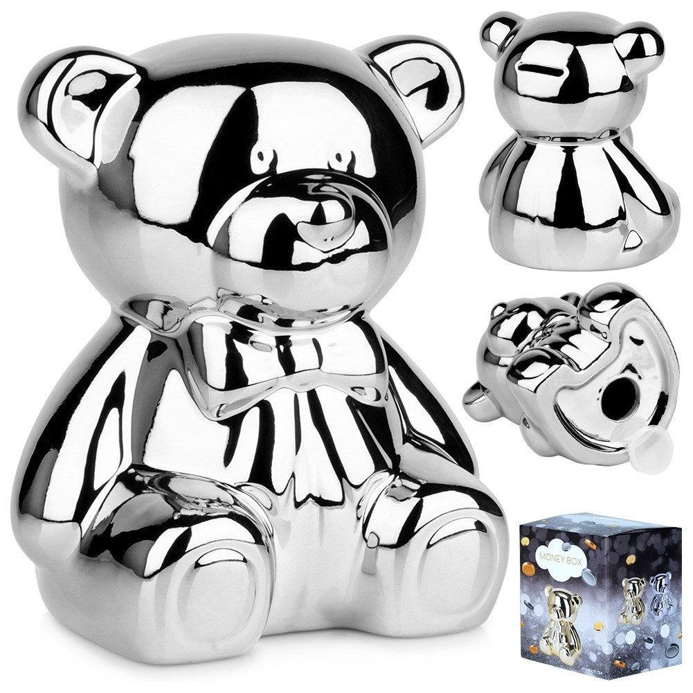 Ceramic piggy bank, silver, mirror finish, 14.5x12.5x17 cm