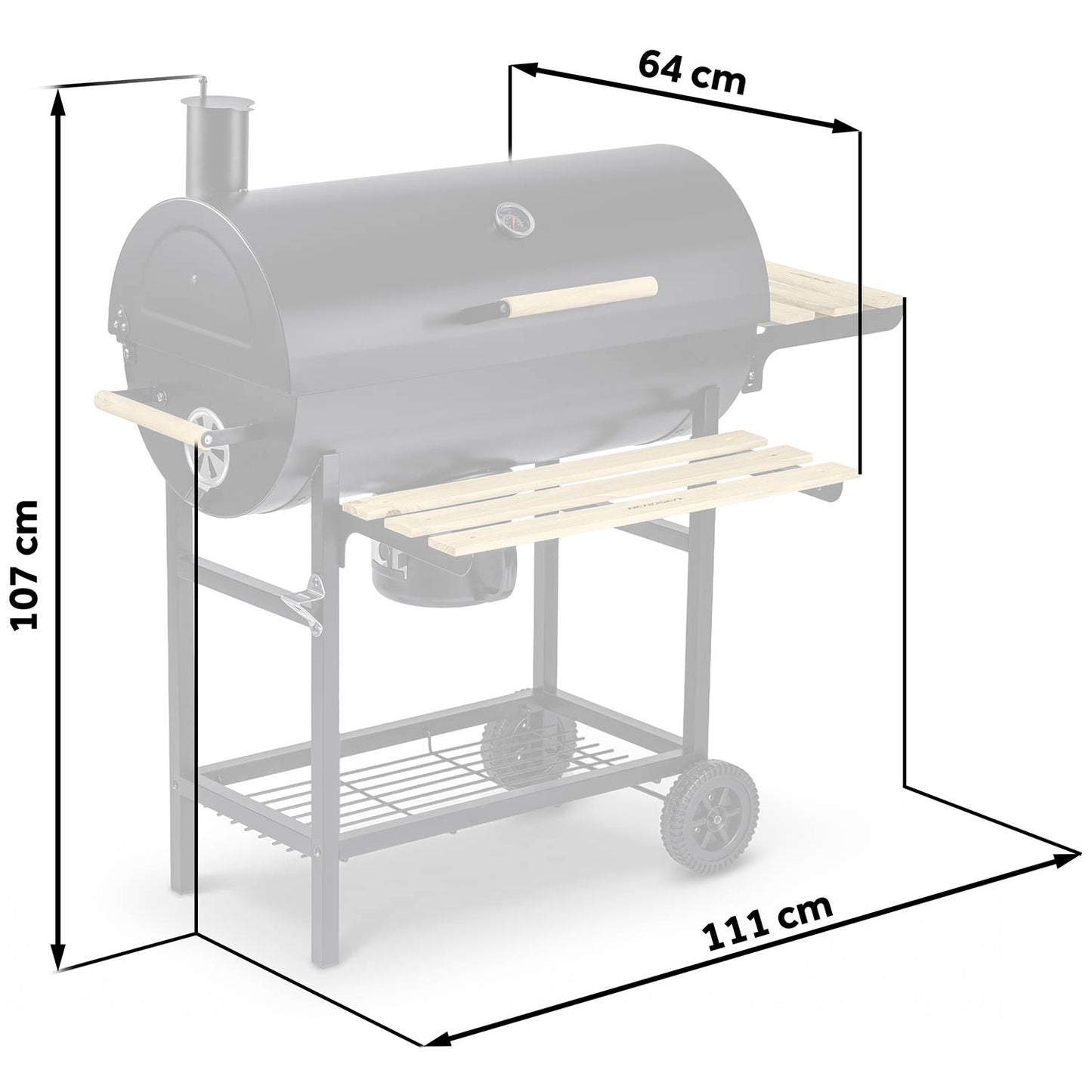 Charcoal Barrel Grill with Chimney, Thermometer, Shelves