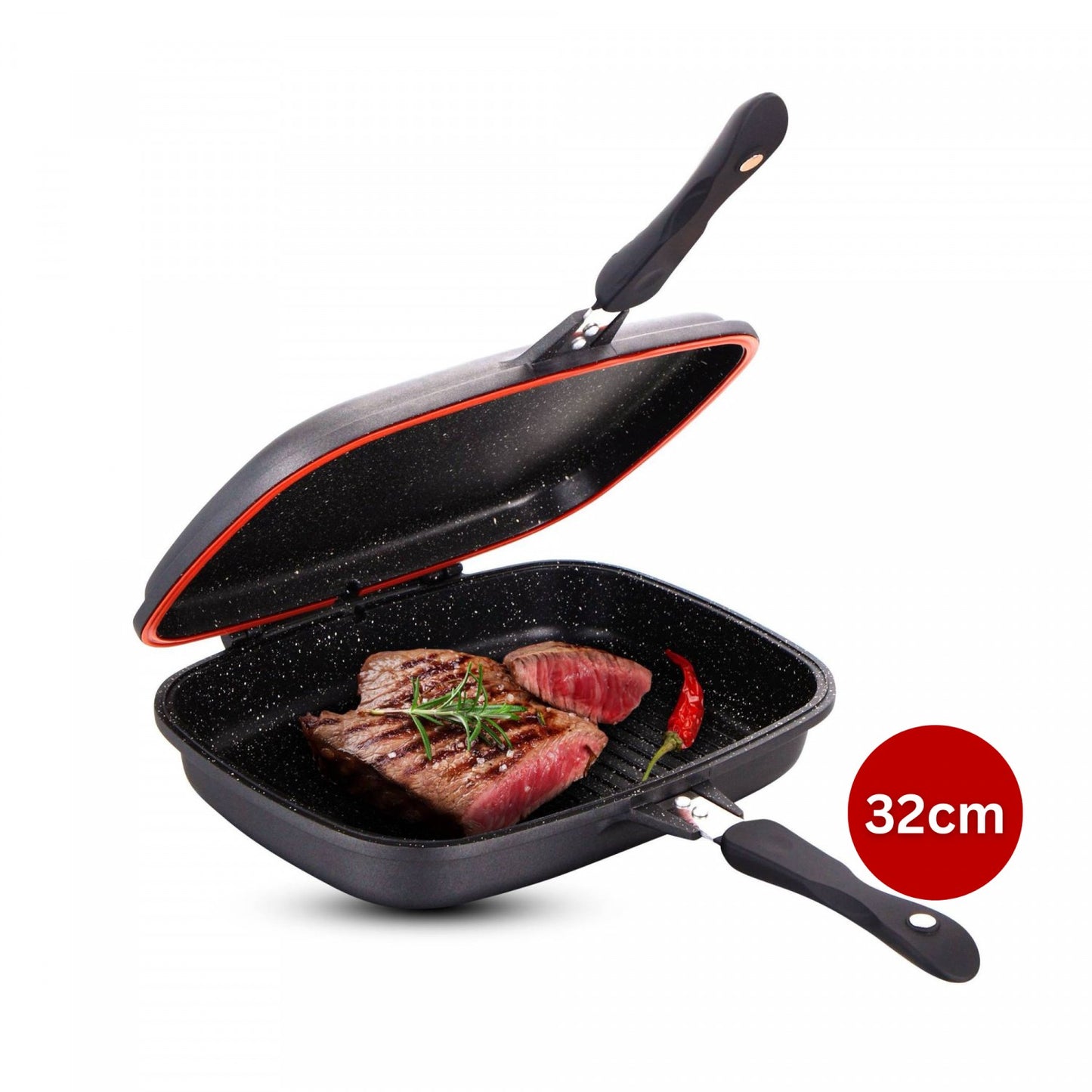 Cheffinger CF-DG32: Marble Coated Reversible Double Grill Pan - 32cm Black
