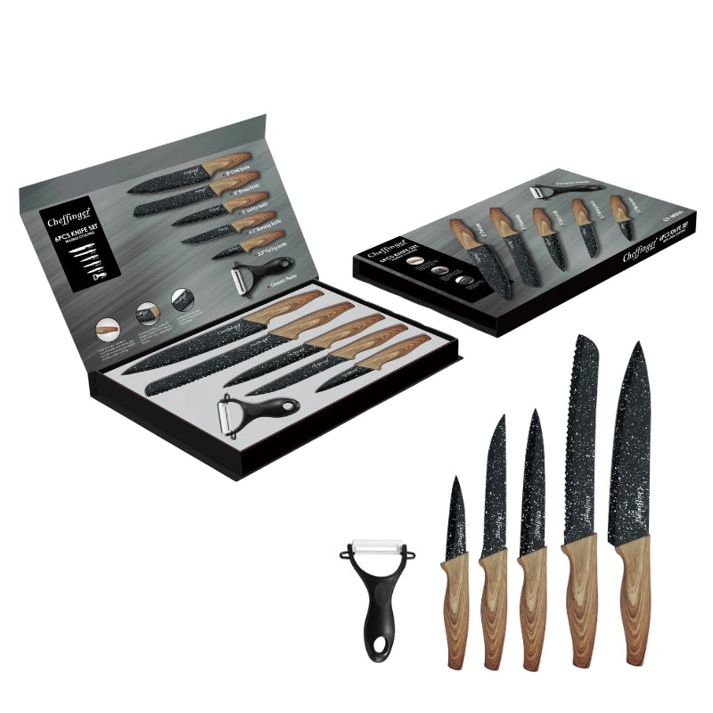 Cheffinger CF-MB06: 6 Pieces Marble Coated Knife Set with Wood Design