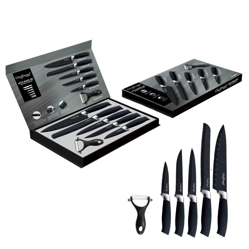 Cheffinger CF-MB07: 6 Pieces Marble Coated Knife Set in Jet Black