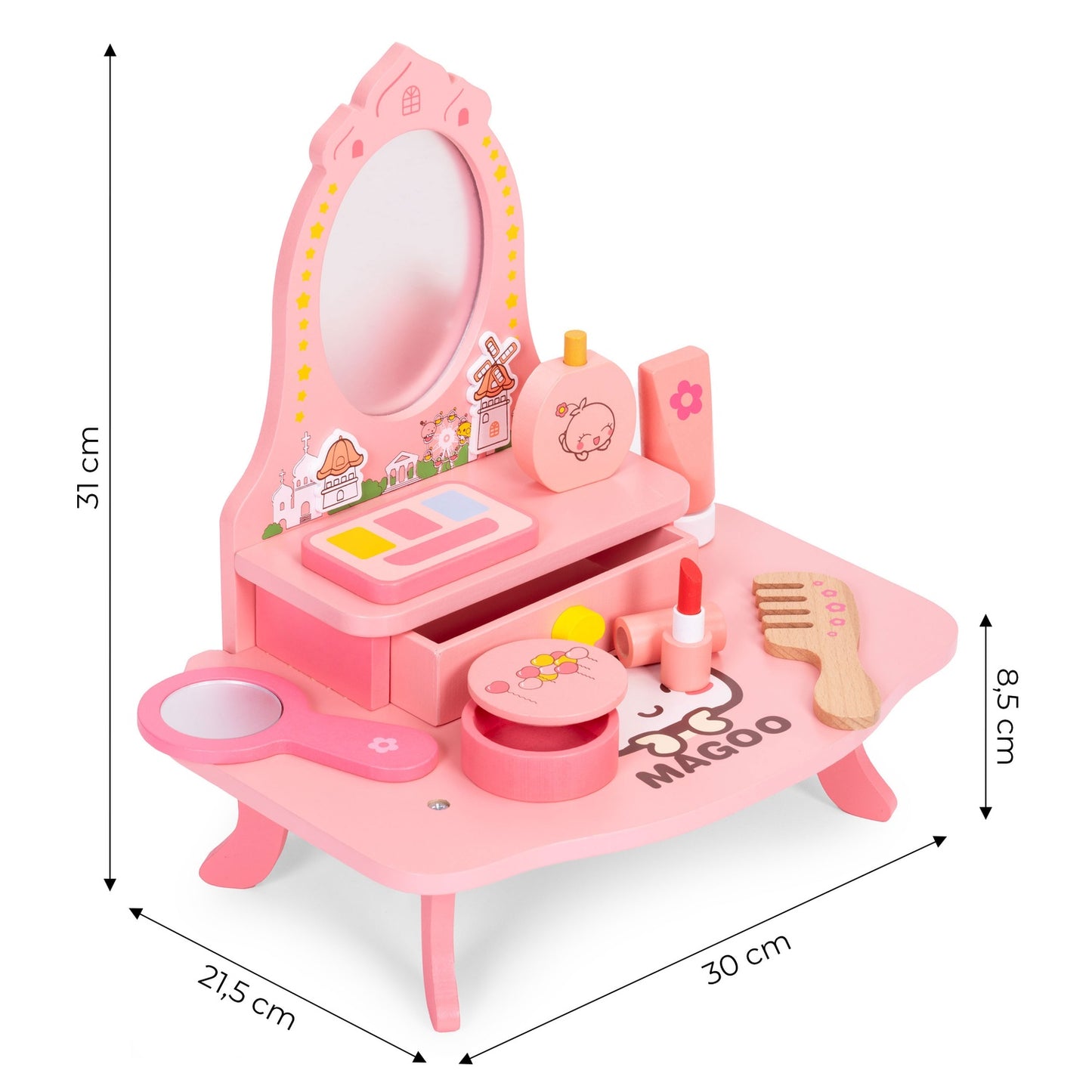 Children's Wooden Vanity Table with Mirror and Accessories