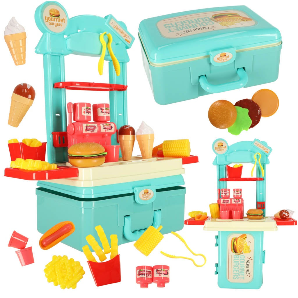 Children's kitchen in a suitcase fast food burger set ice cream fries 55cm