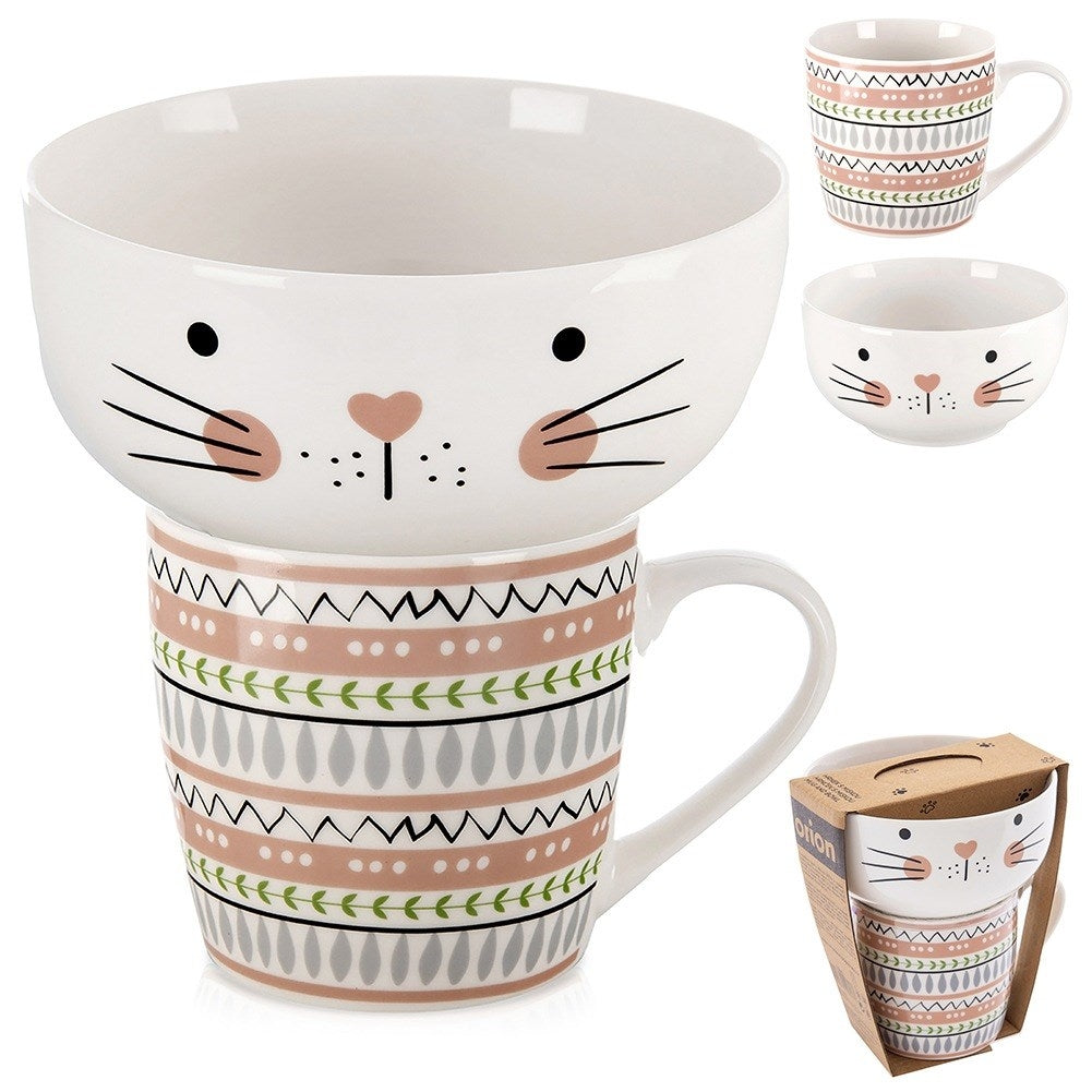 Children's mug with bowl, porcelain cat, 2 pcs.