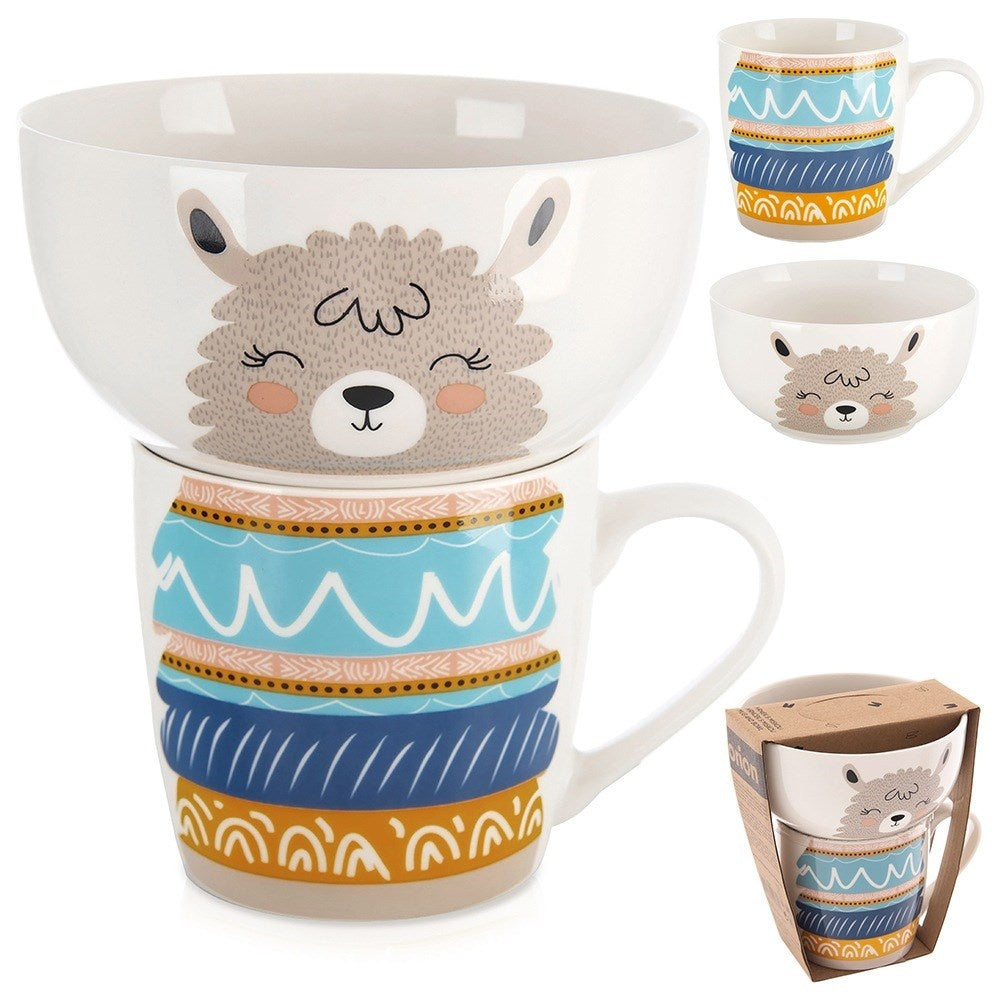 Children's mug with bowl, porcelain lama, 2 pcs.
