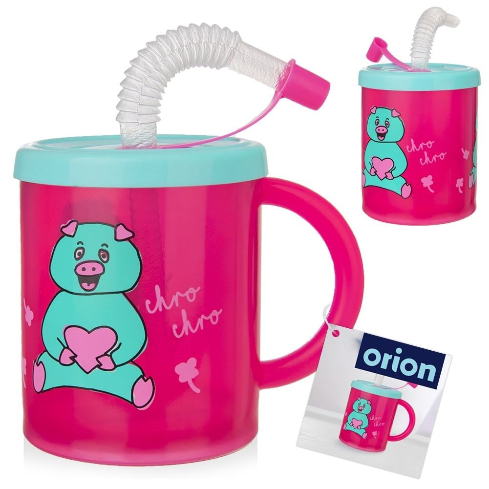 Children's mug with straw and colorful pig decoration