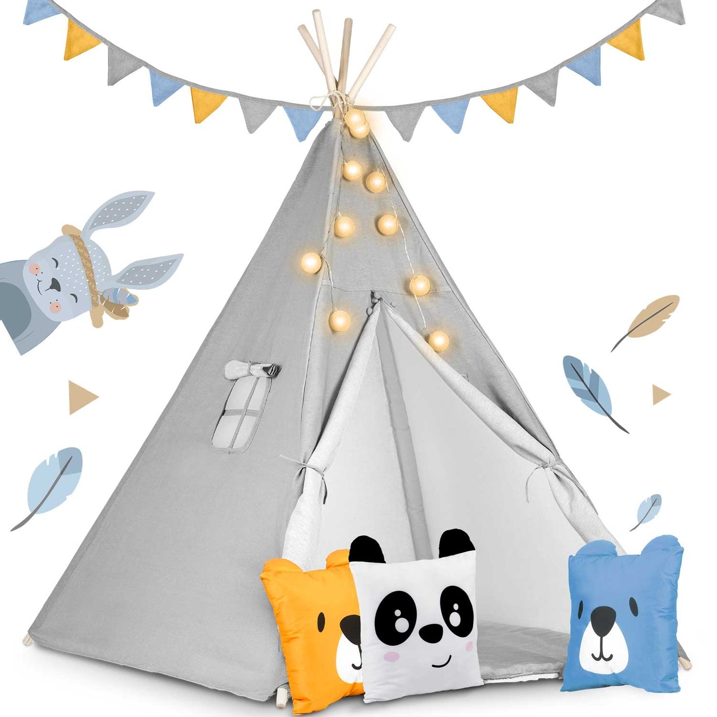 Children's teepee tent with string light Nukido - gray