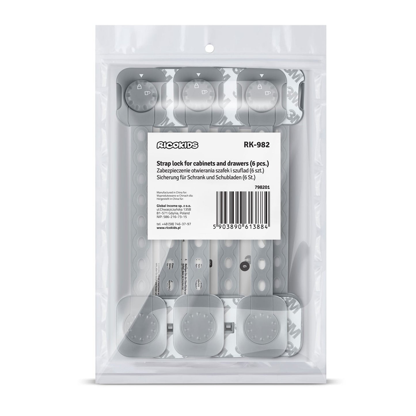 Child safety lock for cabinets Ricokids 798201, 6-pack, grey