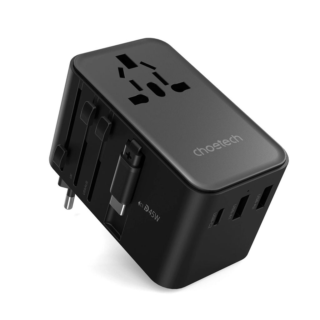Choetech Travel Adapter with Built-in USB-C Cable 45W EU/US/AUS/UK - Black