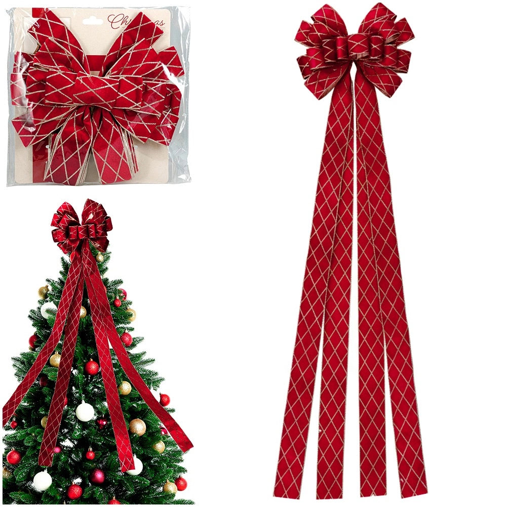 Christmas Tree Topper Bow, Red Glitter, 130x33 cm