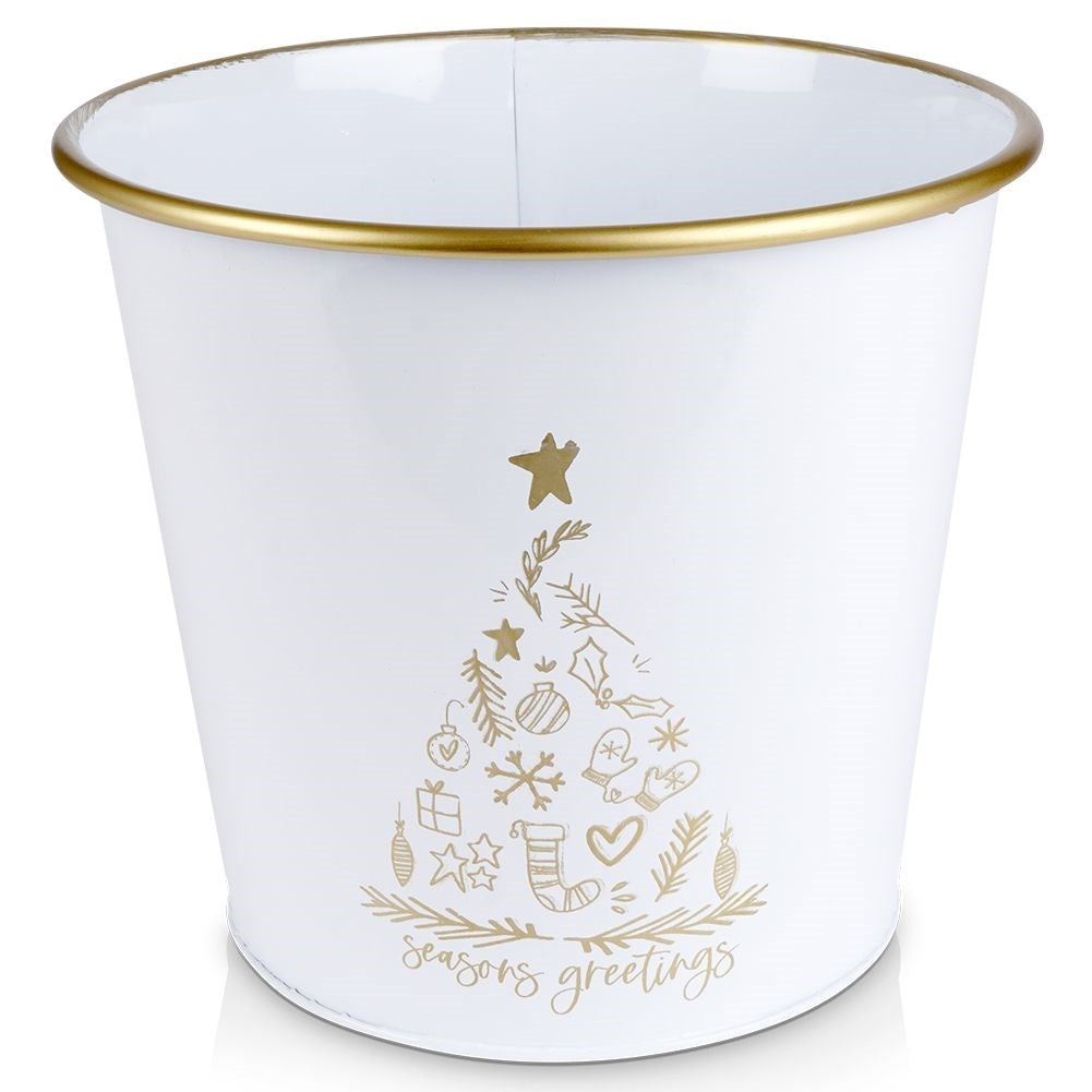 Christmas pot in white metal with golden Christmas tree.