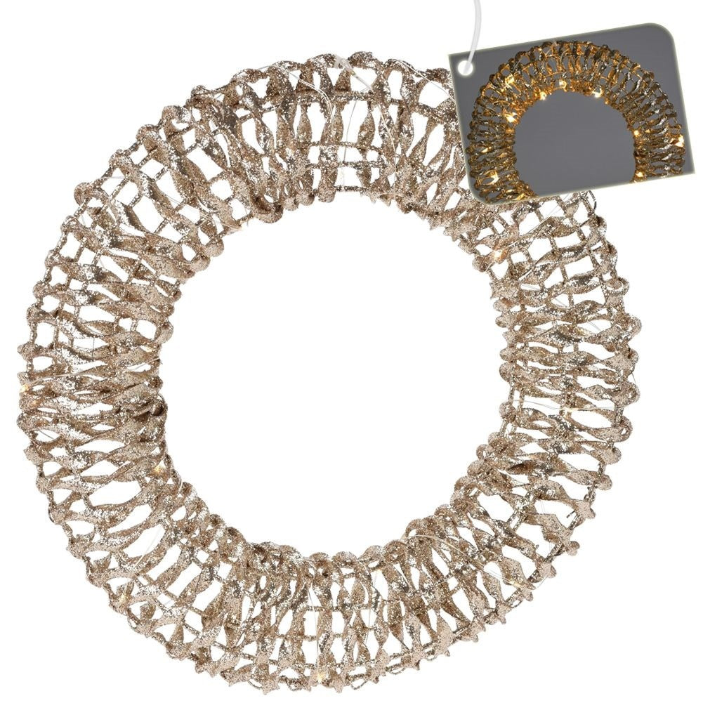 Christmas wreath with LED lights, 30 cm, gold and glitter