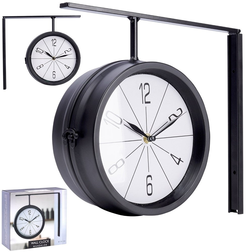 Classic Double Sided ClockThis elegant double-sided watch has a white dial with black hands and numbers. The clock is very easy to read and is perfect for both home and office.