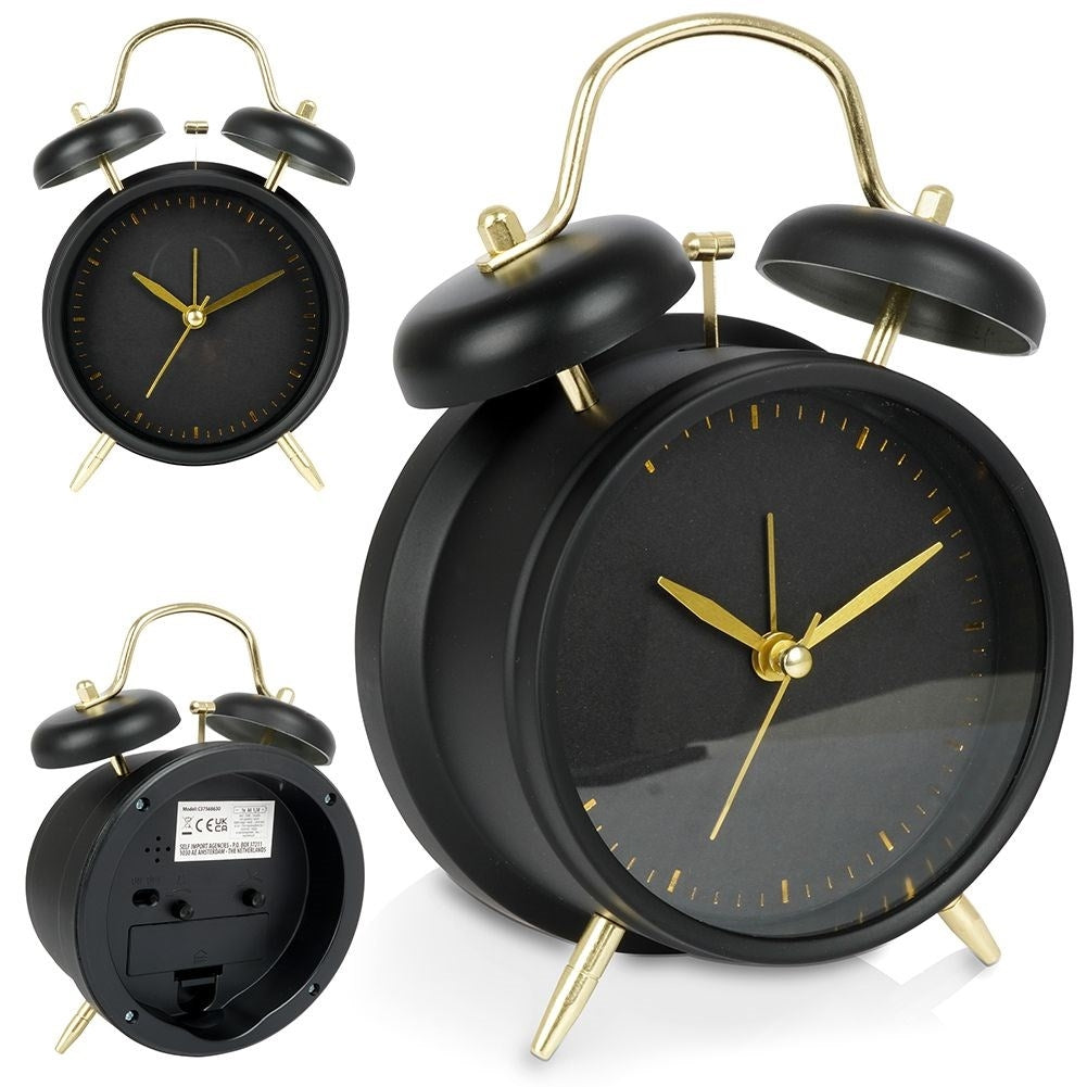 Classic black table clock with alarm and gold details