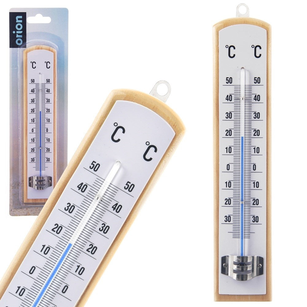 Classic thermometer for indoor and outdoor temperature, wooden material
