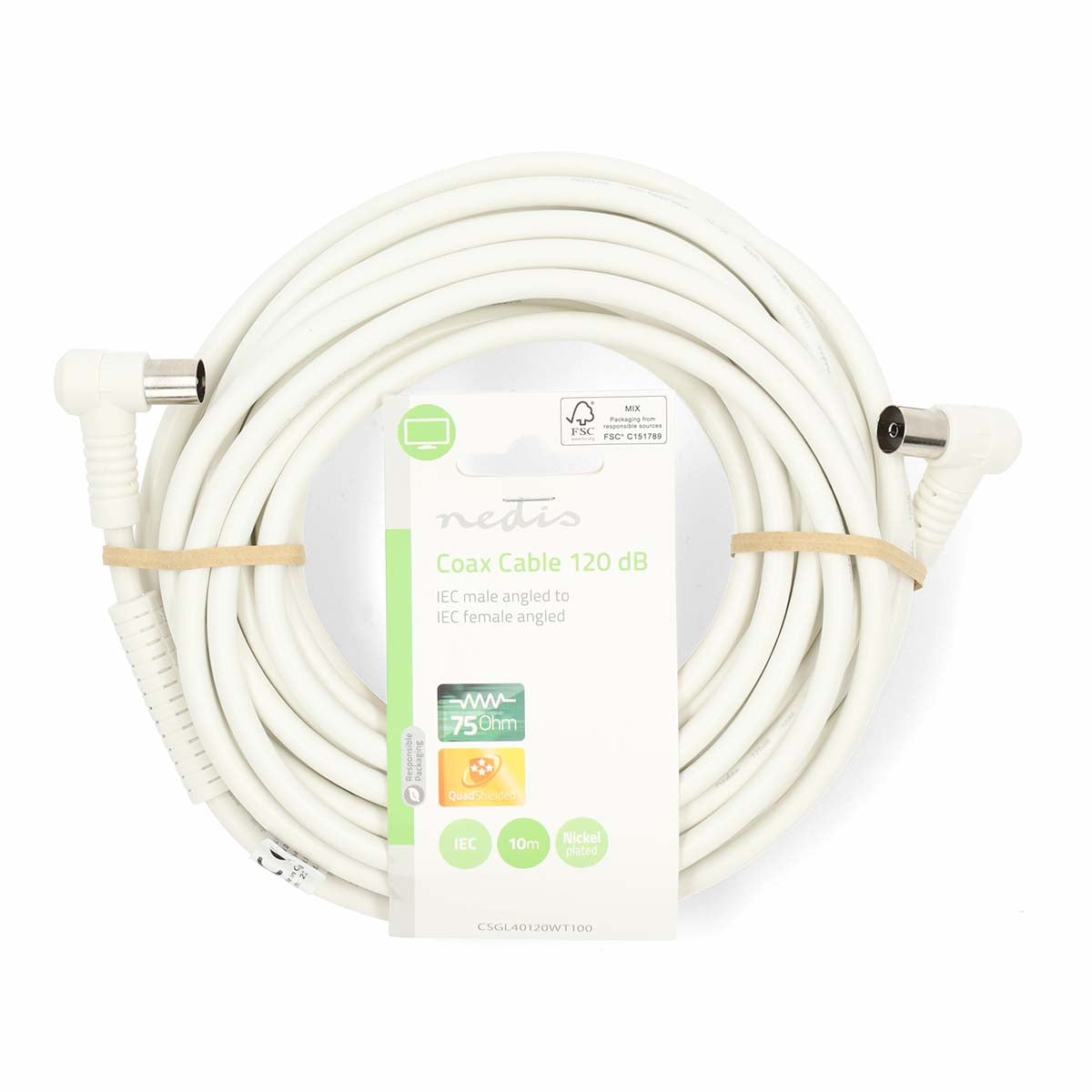 Coax Cable | IEC (Coax) Male | IEC (Coax) Female | Nickel Plated | 120 dB | 75 Ohm | Quad Shielded | 10.0 m | Round | PVC | White | Label