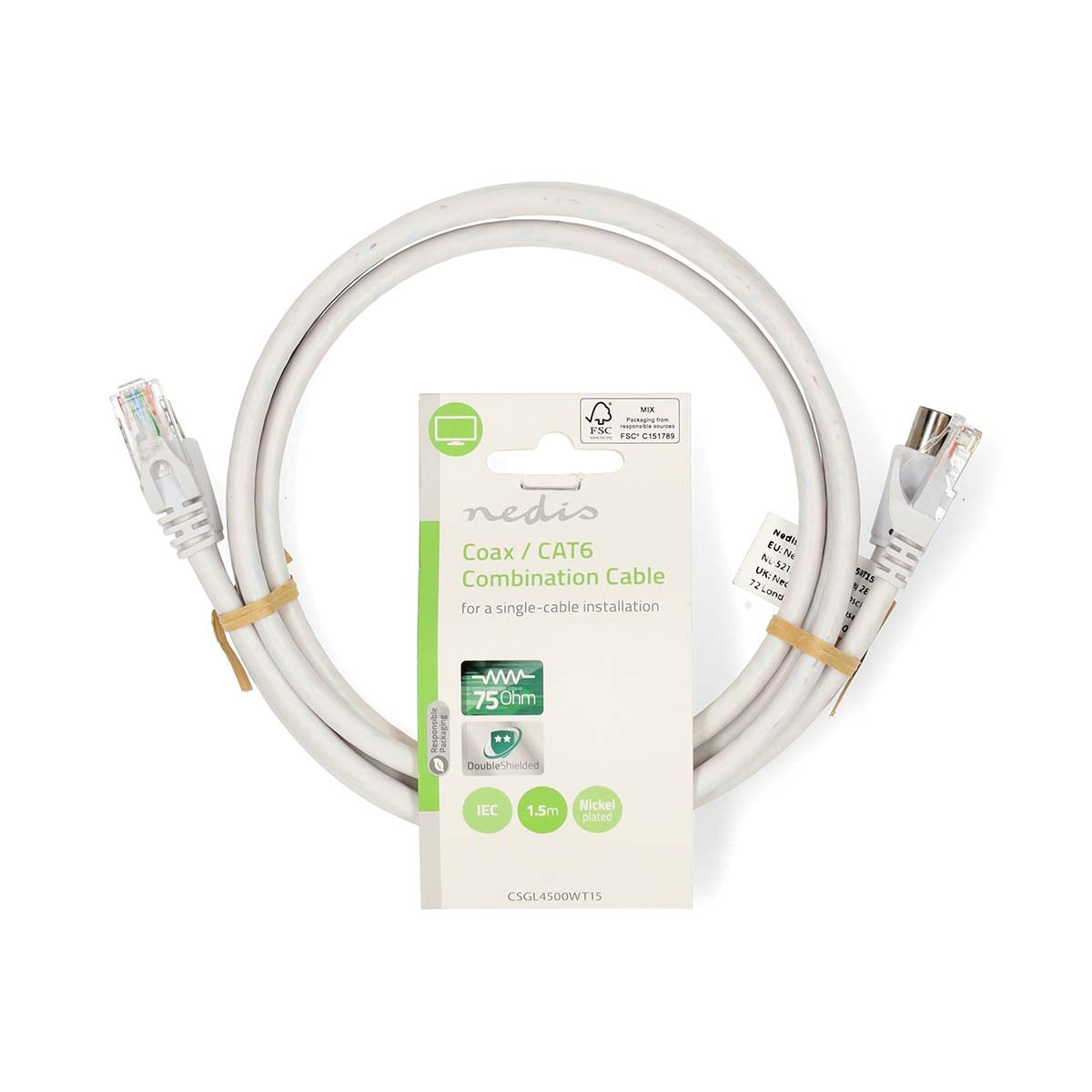 Coax & Cat6 Combi Cable | IEC (Coax) Male / RJ45 male | IEC (Coax) Female / RJ45 Male | Nickel Plated | RG58 | 75 Ohm | Double Shielded | 1.50 m | Round | PVC | White | Label