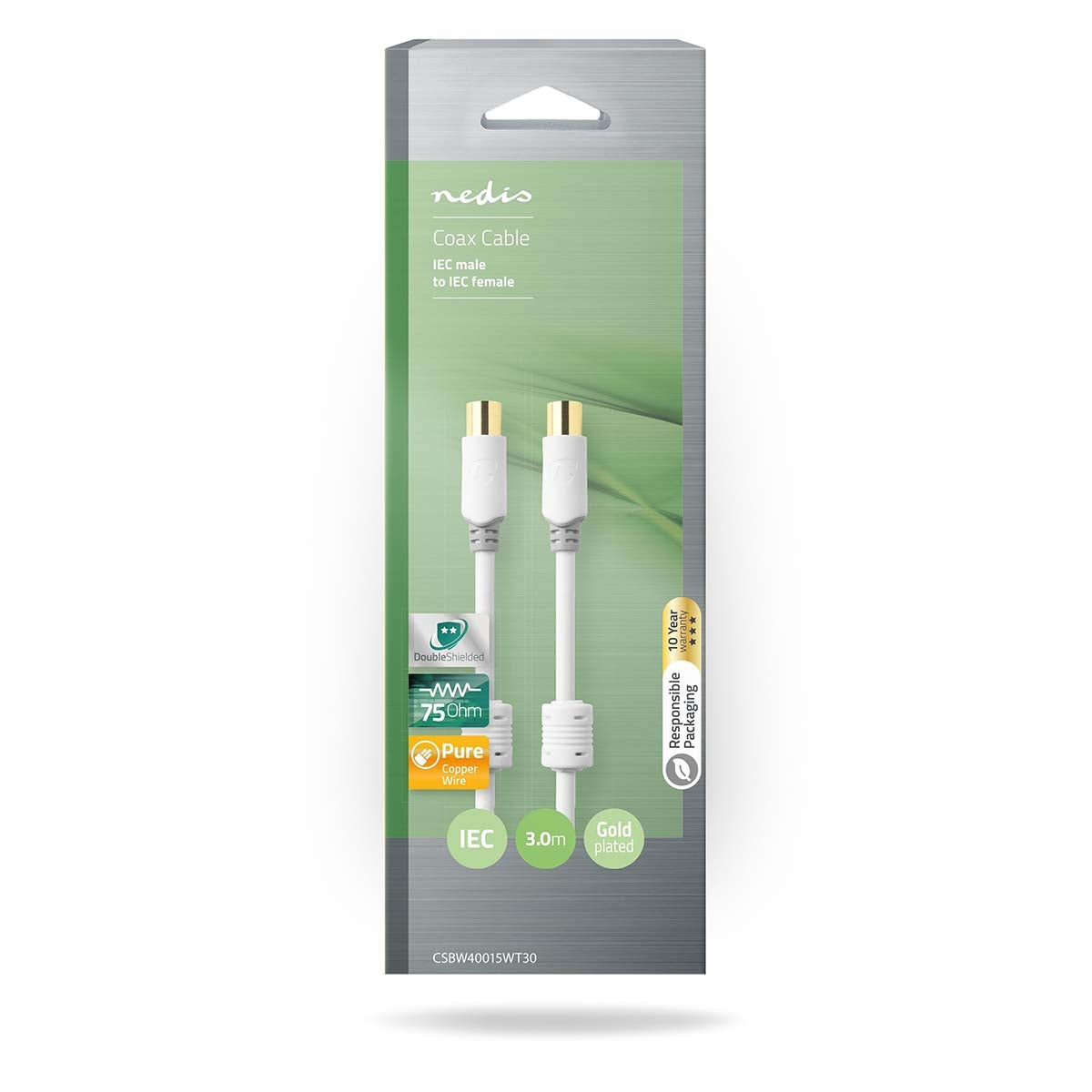 Coaxial cable | IEC (Coax) Male | IEC (Coax) Female | Gold Plated | 100dB | 75 Ohm | Double Shielded | 3.00 m | Round | PVC | White | Box