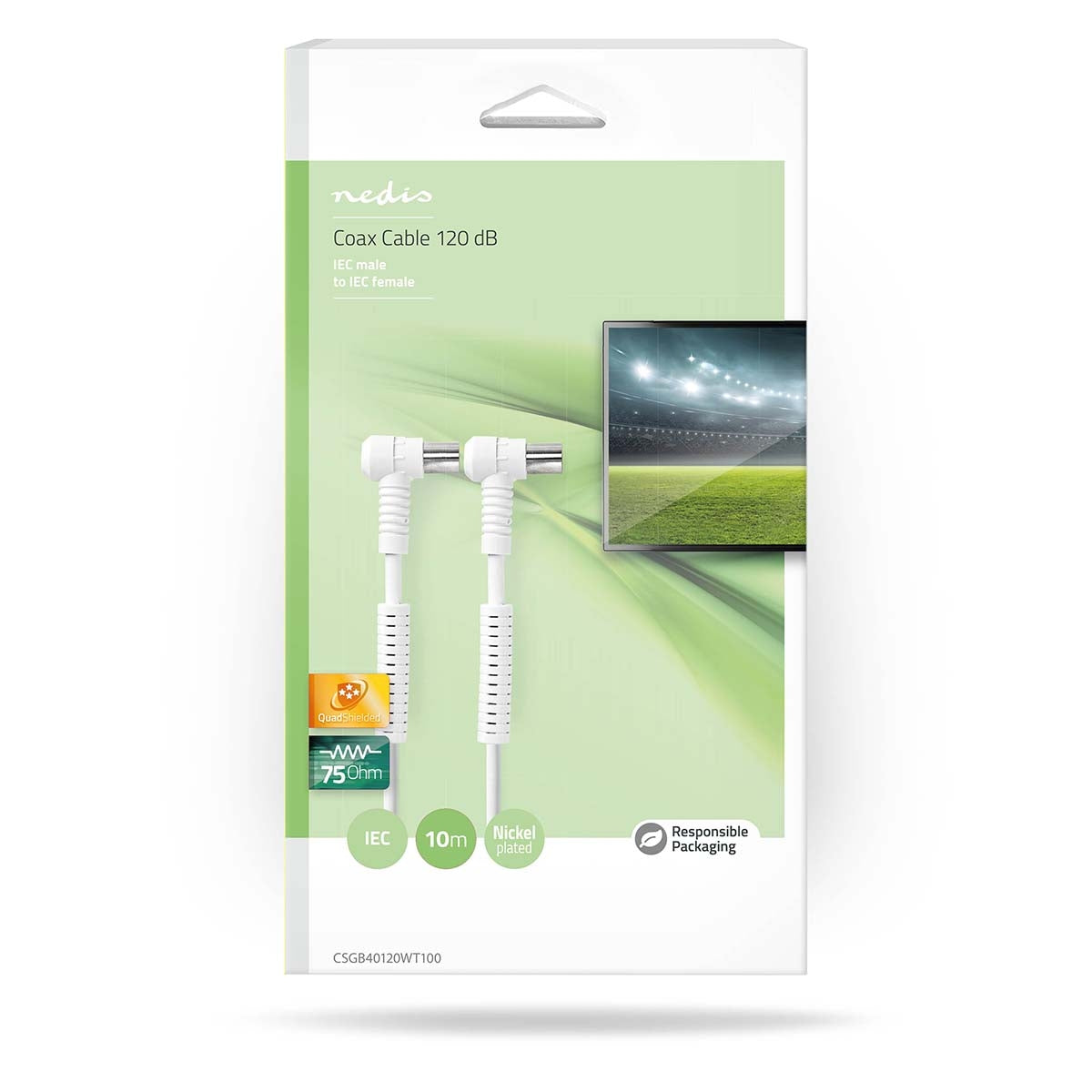 Coaxial cable | IEC (Coax) Male | IEC (Coax) Female | Nickel Plated | 120 dB| 75 Ohm | Four Protections | 10.0 m | Round | PVC | White | Box