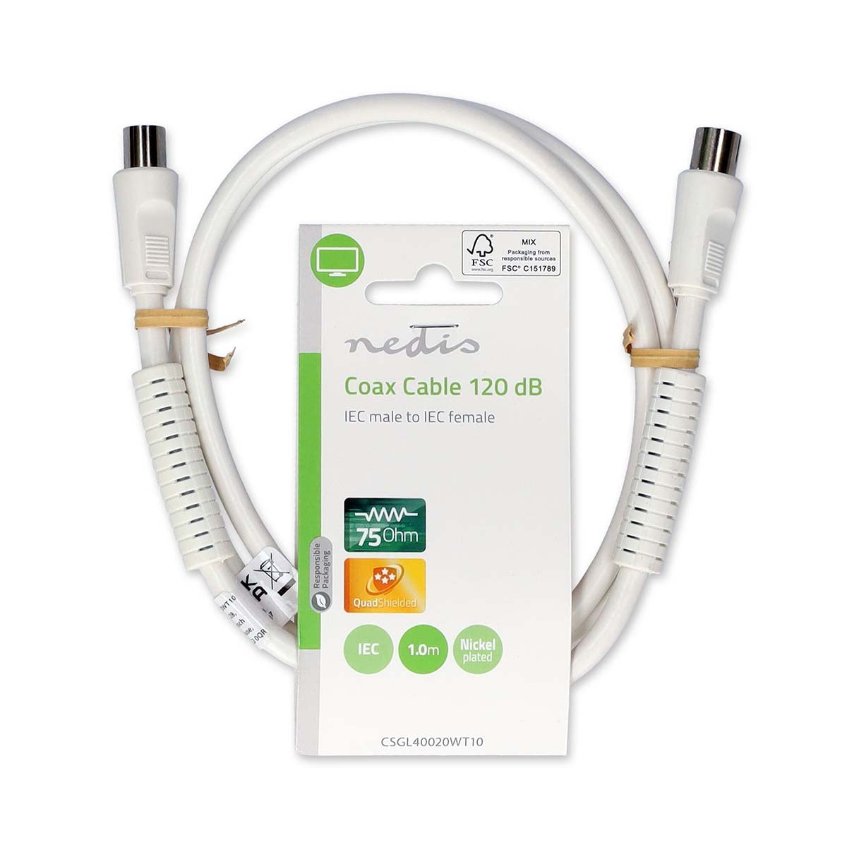 Coaxial cable | IEC (Coax) Male | IEC (Coax) Female | Nickel Plated | 120 dB| 75 Ohm | Four Protections | 1.00 m | Round | PVC | White | Label