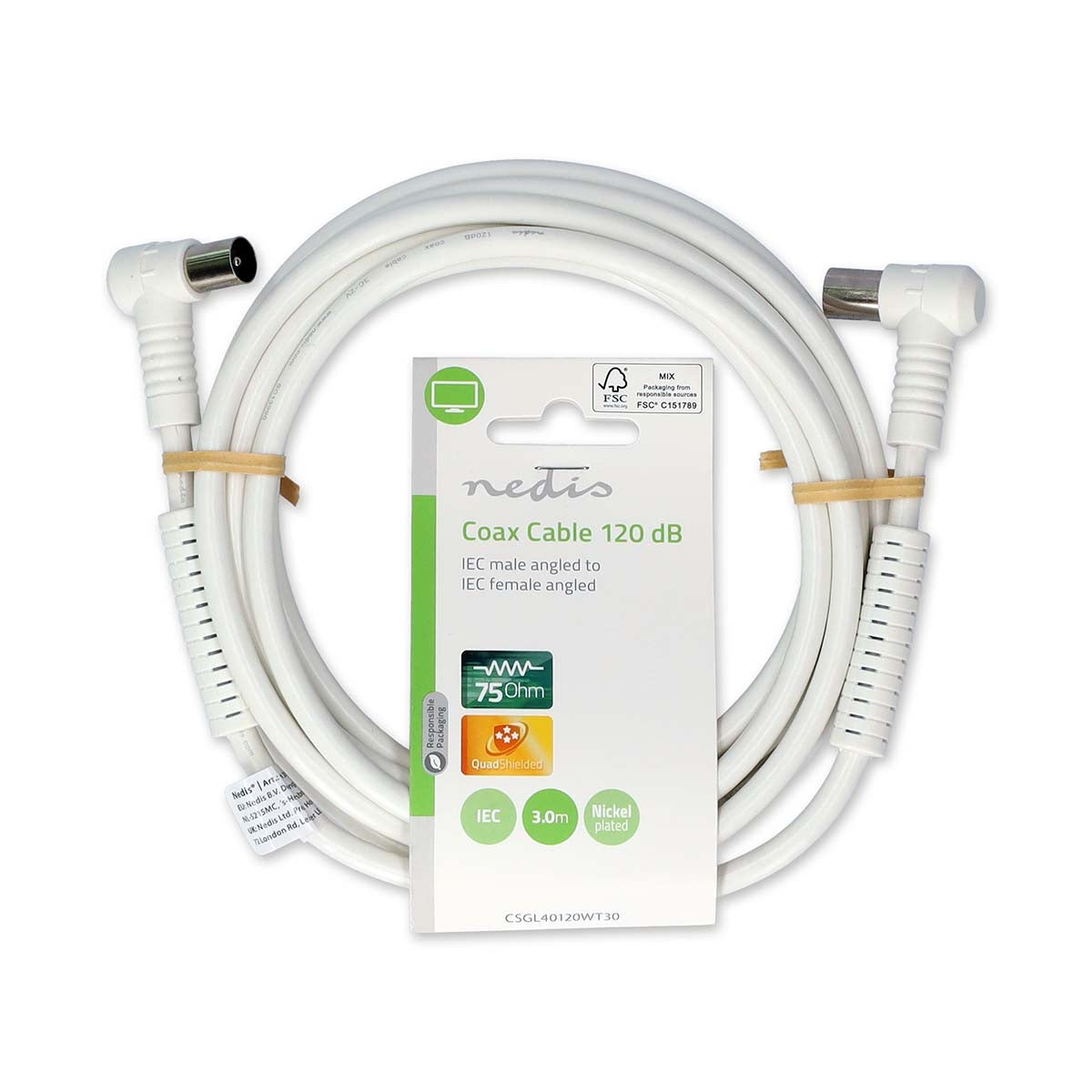 Coaxial cable | IEC (Coax) Male | IEC (Coax) Female | Nickel Plated | 120 dB| 75 Ohm | Four Protections | 3.00 m | Round | PVC | White | Label