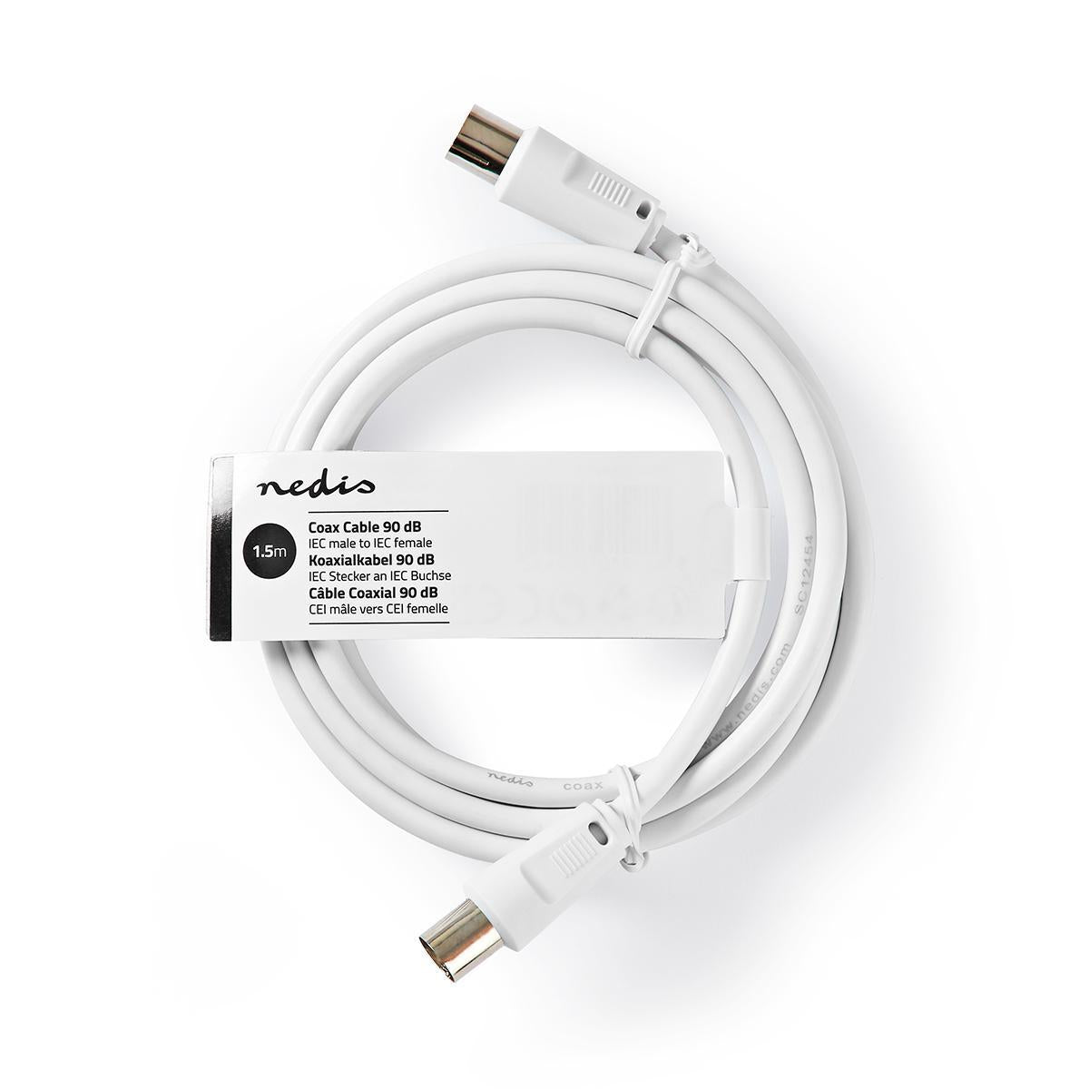 Coaxial cable | IEC (Coax) Male | IEC (Coax) Female | Nickel Plated | 75 Ohm | Double Shielded | 1.50 m | Round | PVC | White | Tag