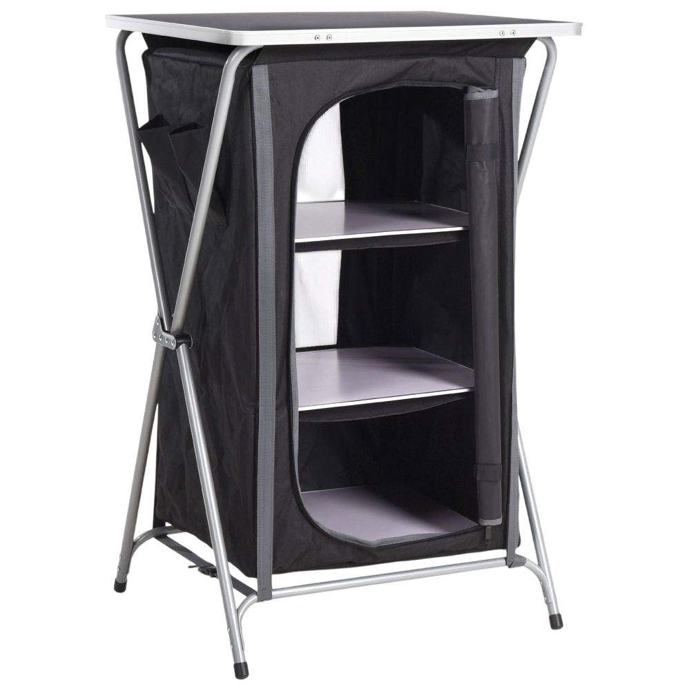 Collapsible camping kitchen cabinet with 3 shelves and weatherproof surface