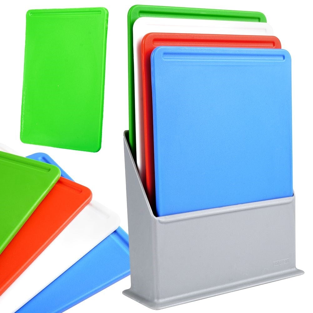 Colorful kitchen boards with stands for various food items