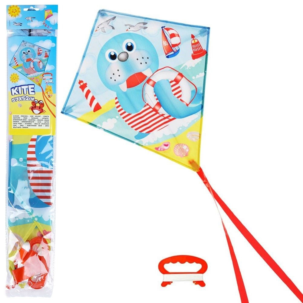 Colorful kite with sea lion motif and 36m line