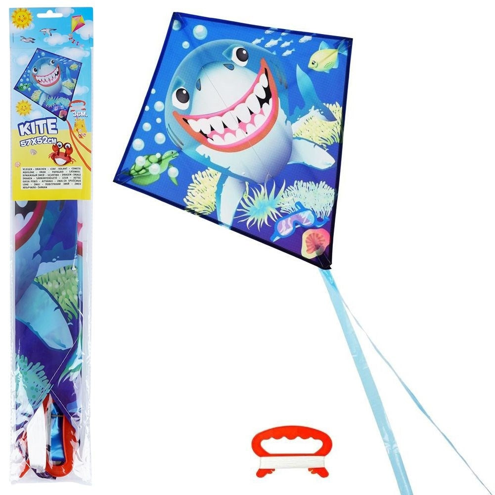 Colorful kite with shark motif and 36 meters of line