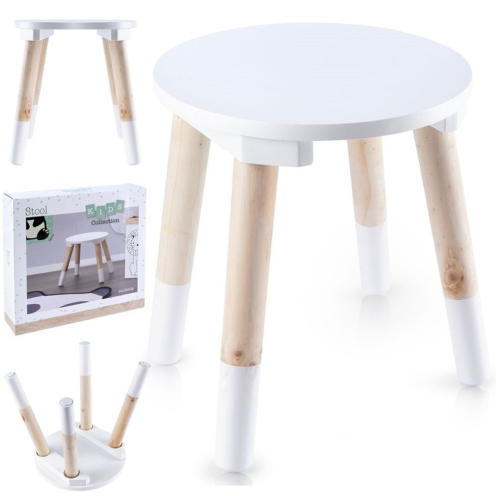 Comfortable wooden children's stool with natural and white color