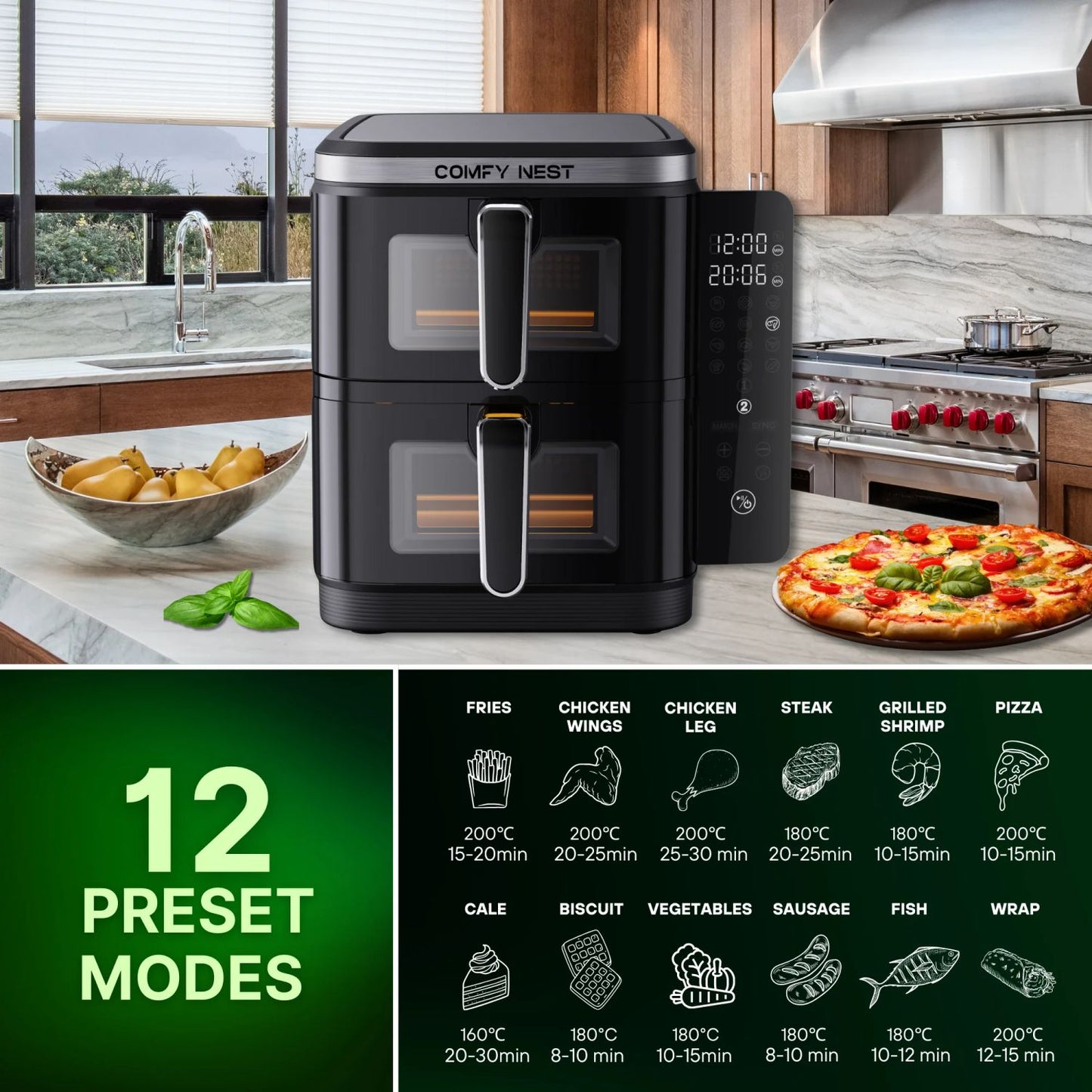 Comfy Nest CN-06184: 2800W Double Basket Air Fryer with Window & Side Panel - 11L