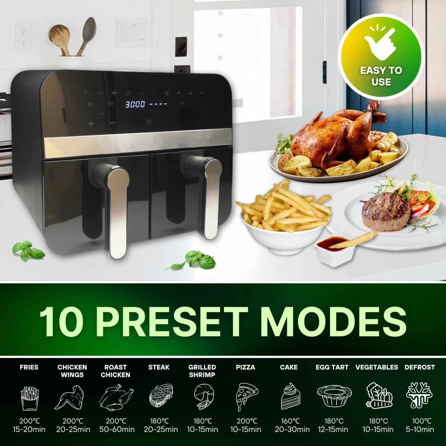 Comfy Nest CN-AFD45NB: 2400W Black Double Basket Digital Air Fryer - 9L