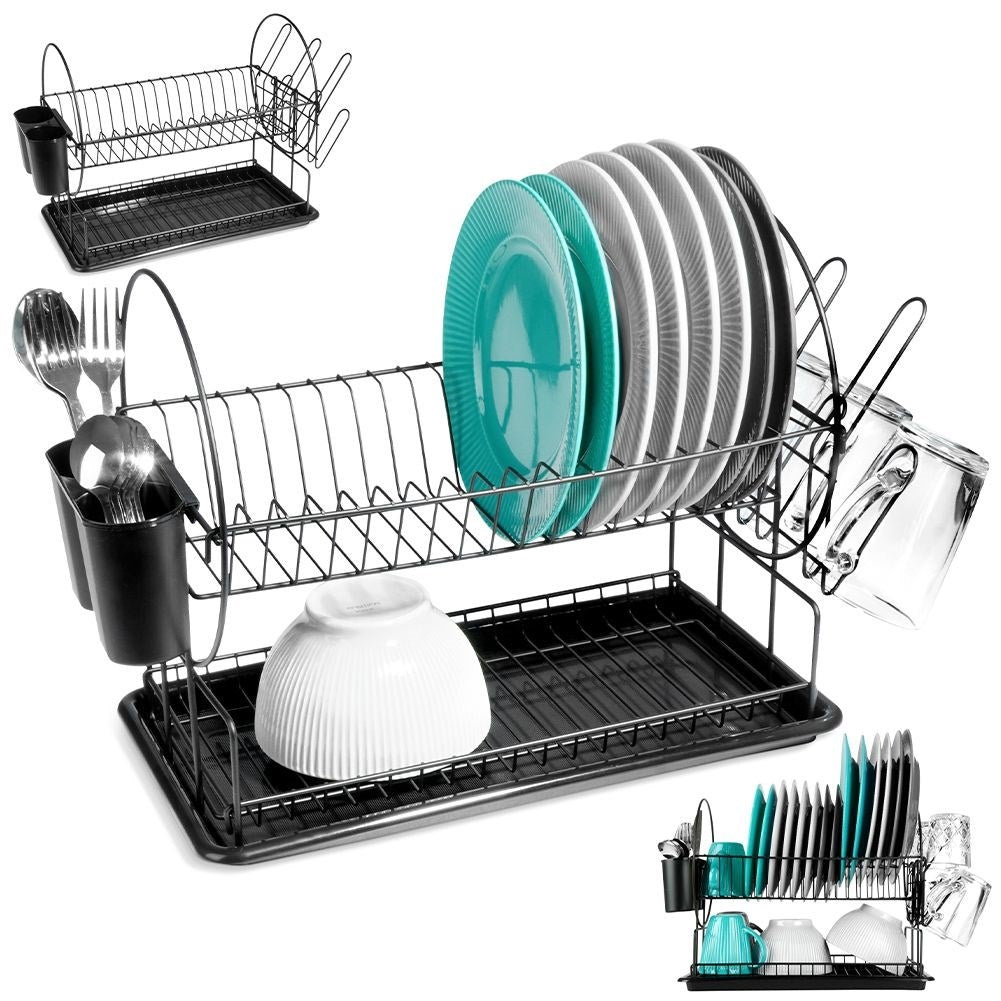 Compact two-tier black dish rack with draining tray