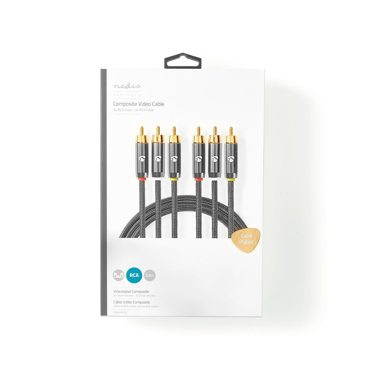 Composite Video Cable | 3x RCA Male | 3x RCA Male | Gold Plated | 480p | 2.00 m | Round | Cotton | Anthracite / Gray With Metal | Carton with covered window