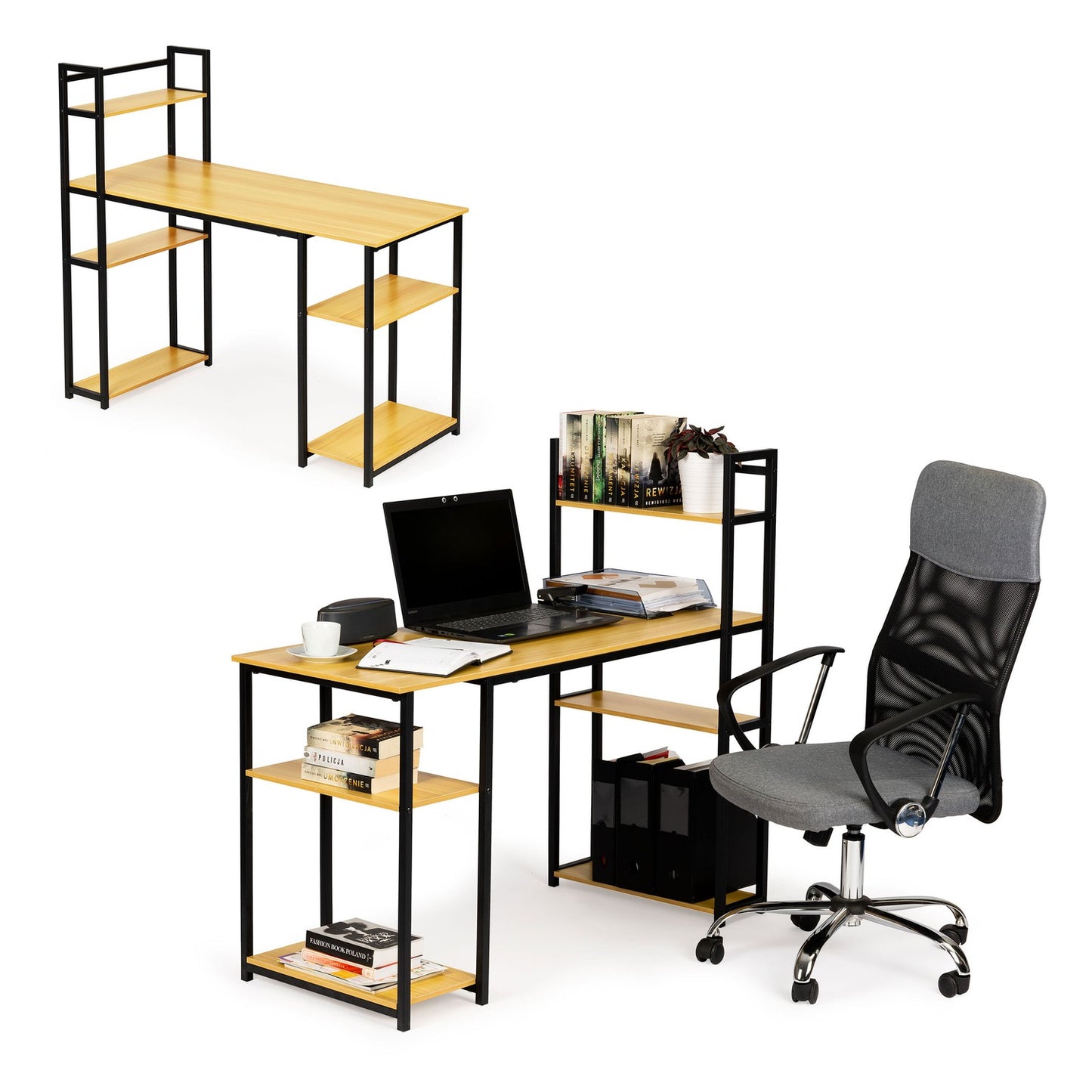 Computer desk loft table shelves light oak