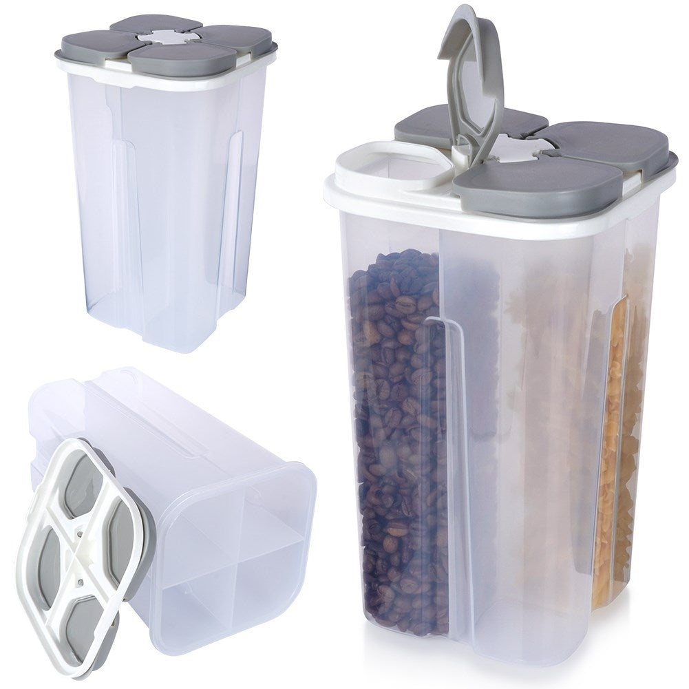Container for dry goods with 4 compartments and dosing lid