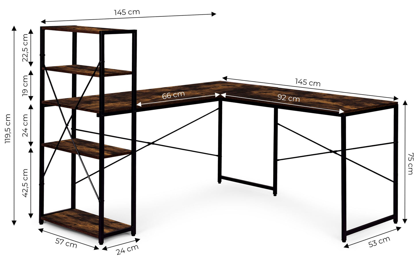 Corner Desk with Shelves, MDF & Metal, Loft Style
