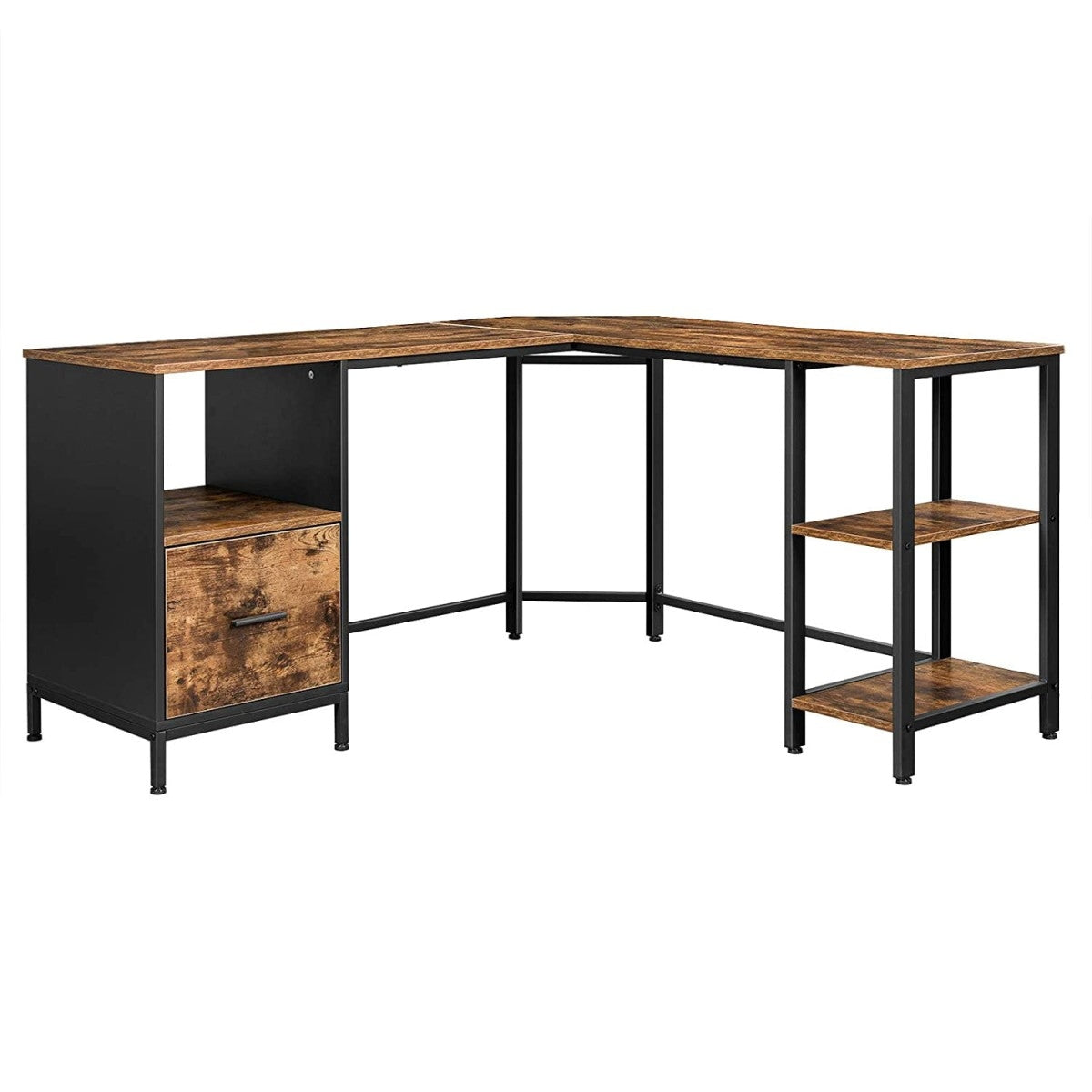 Corner computer desk, brown, steel structure, additional drawer and shelves