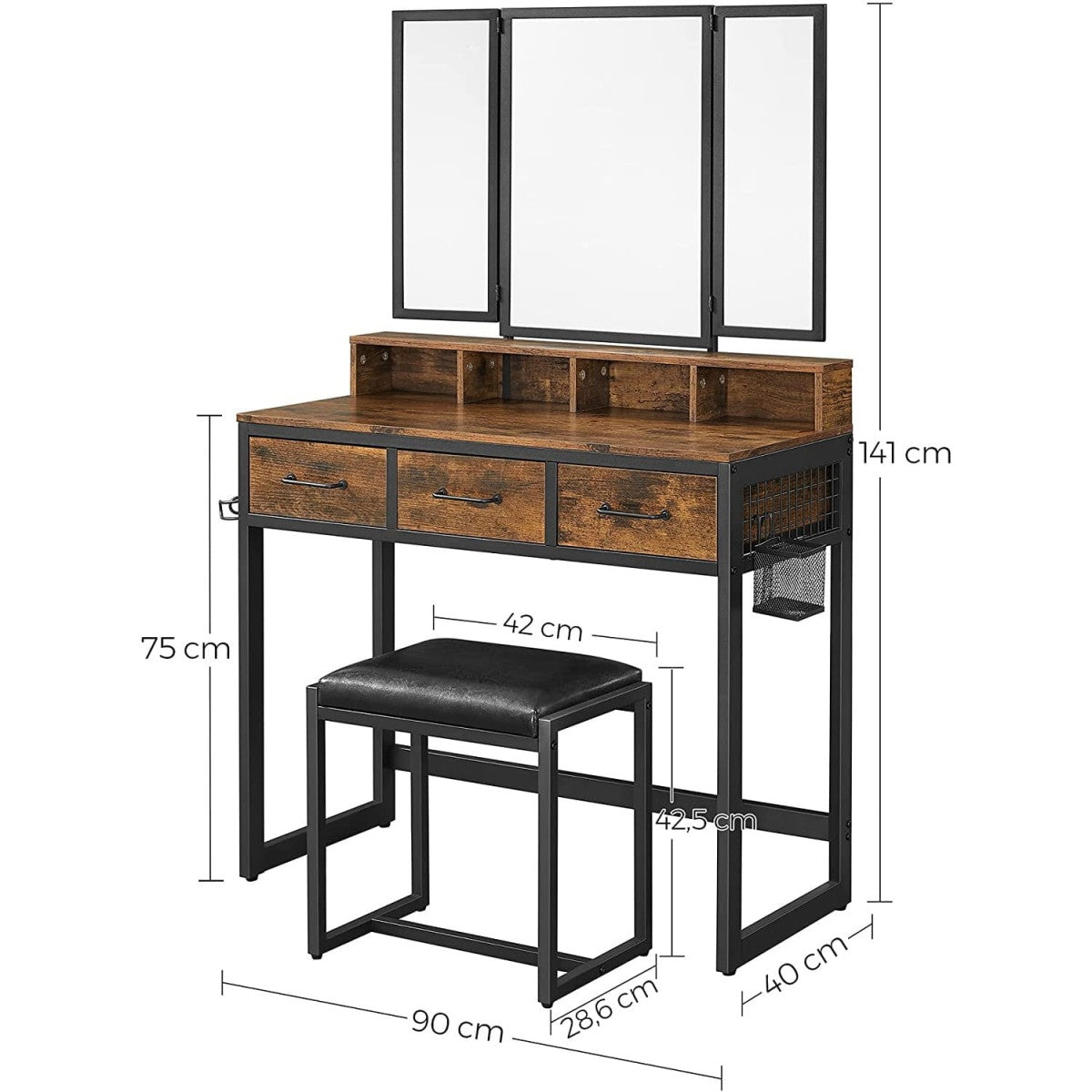 Cosmetic dressing table, large fold-out mirror, stool