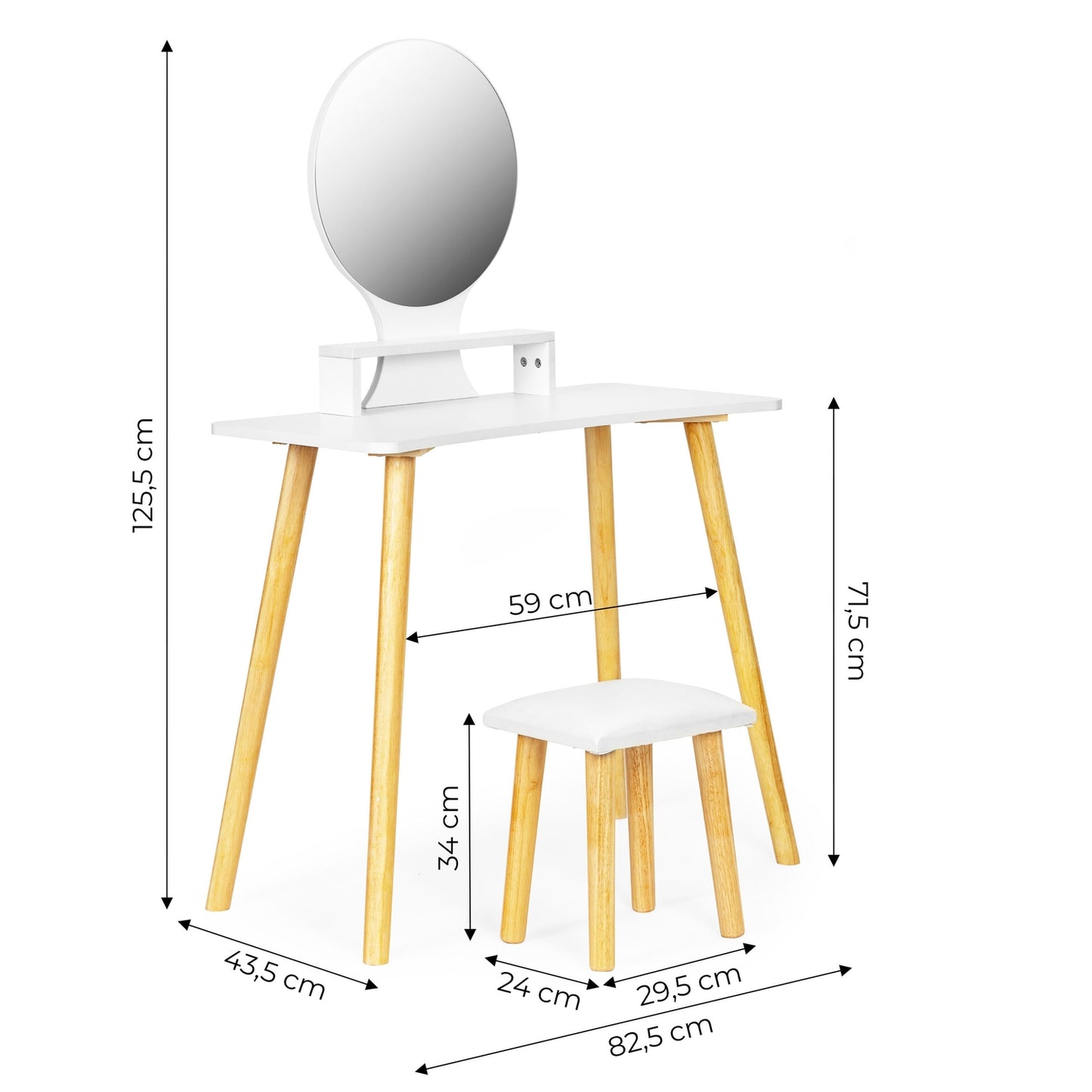 Cosmetic dressing table with stool and mirror shelf