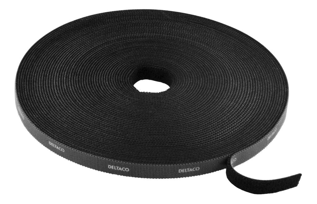 DELTACO Velcro tape on roll, width 10mm, 15m, black