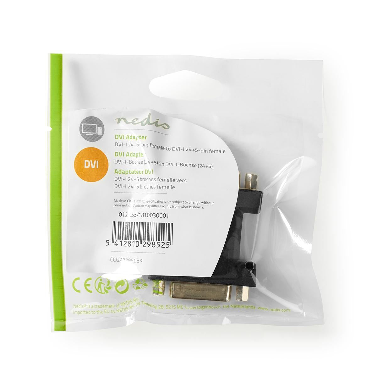 DVI adapter | DVI-I 24+5-Pin Female | DVI-I 24+5-Pin Female | Nickel Plated | Straight | PVC | Black | Plastic bag