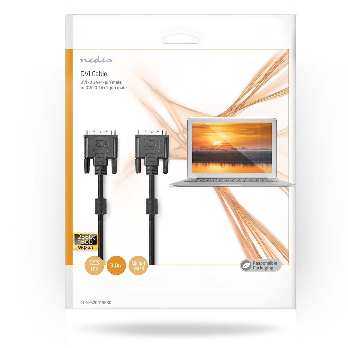 DVI cable | DVI-D 24+1-Pin Male | DVI-D 24+1-Pin Male | 2560x1600 | Nickel plated | 3.00 m | Straight | PVC | Black | Envelope