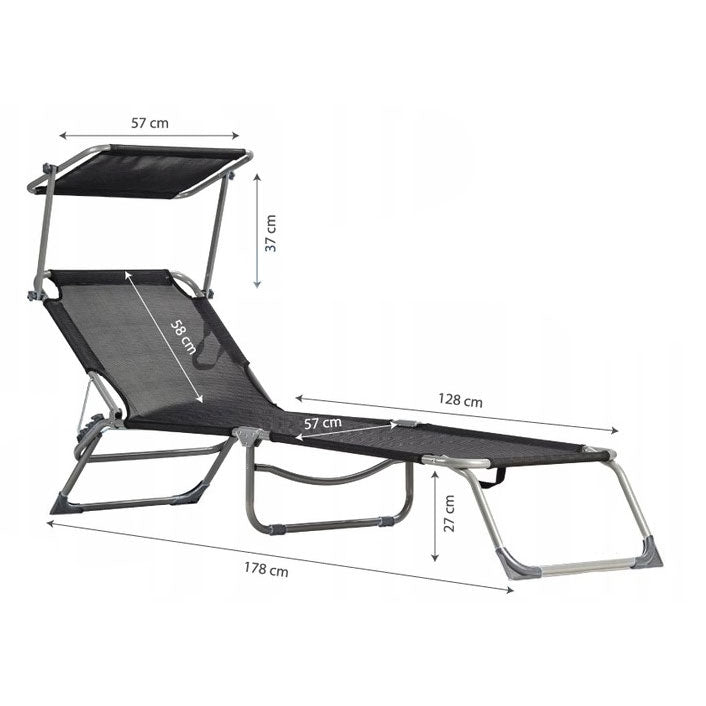 Deckchair, daybed, adjustable garden armchair with a canopy, black