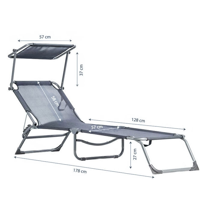 Deckchair, daybed, adjustable garden armchair with a canopy, gray