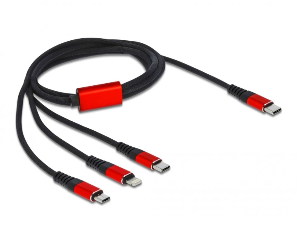 Delock 3-in-1 USB-C to Lightning/Micro USB/USB-C Charging Cable, 1m - Black/red