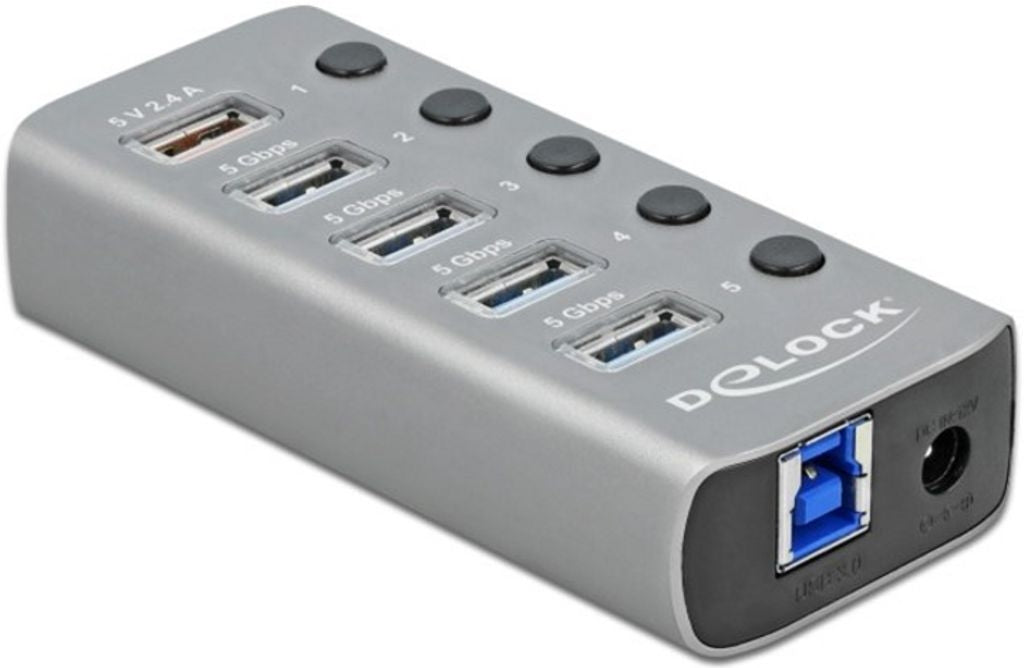 Delock USB-A Hub with 5 USB-A Ports, 5 Gbps Hub with Switch and Illumination
