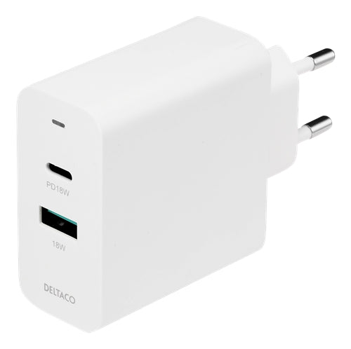 Deltaco PD Wall Charger USB-C & USB-A, 36W - White